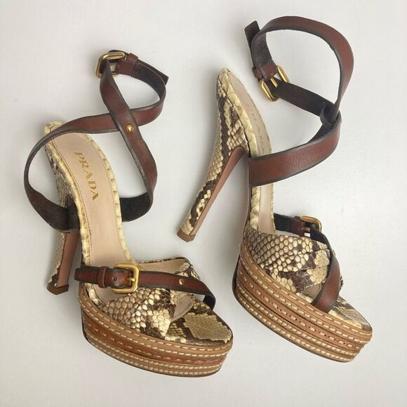 Prada Shoes - PRADA Python Snakeskin Leather Platform Strappy High Stiletto Heel Sandals Sz 7